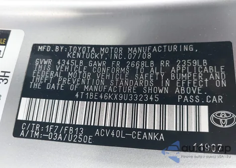 2009 Toyota Camry Le from USA, damaged, VIN 4T1BE46KX9U332345